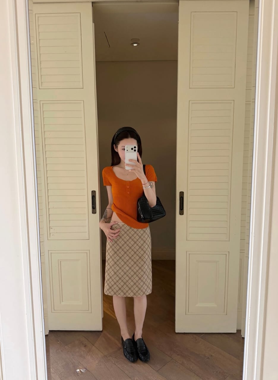 Plaid Midi Skirt - Brown