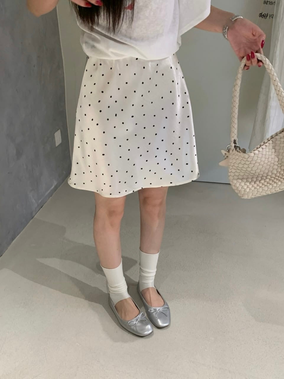 Satin Polka Dot Mini Skirt - White