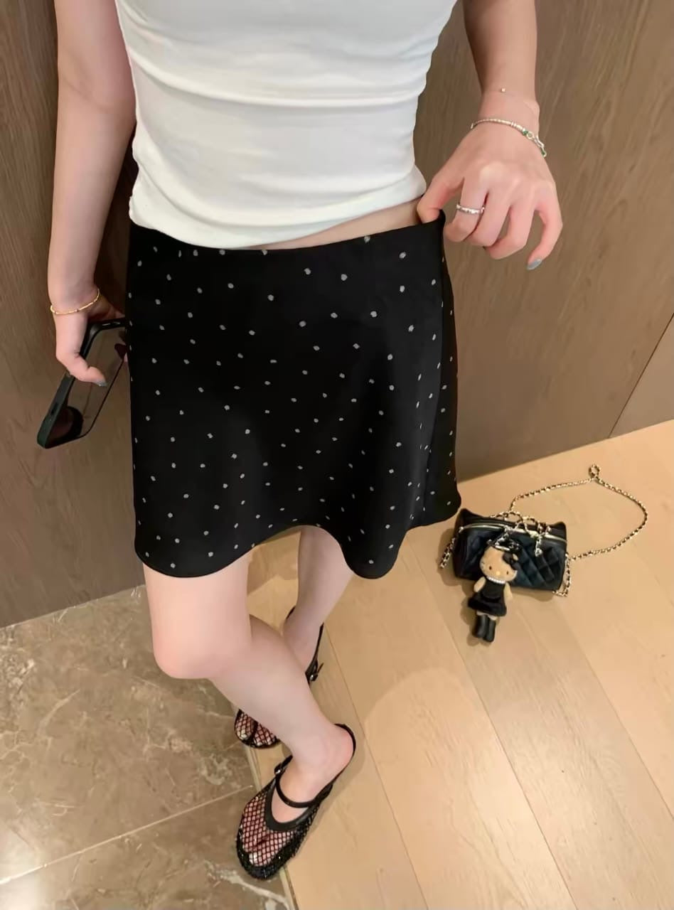 Satin Polka Dot Mini Skirt - Black