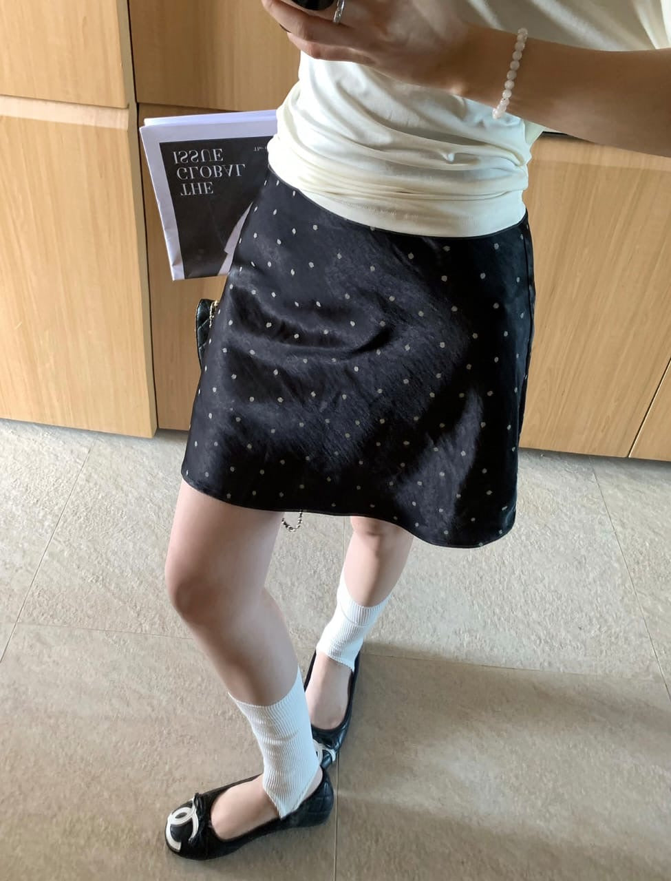 Satin Polka Dot Mini Skirt - Black
