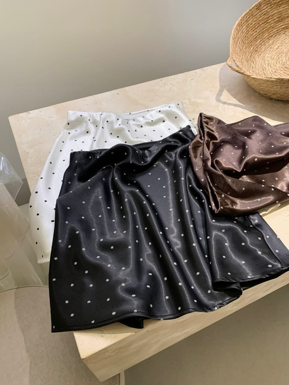 Satin Polka Dot Mini Skirt - Brown