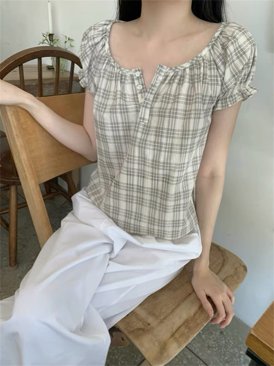 Plaid Gathered Blouse