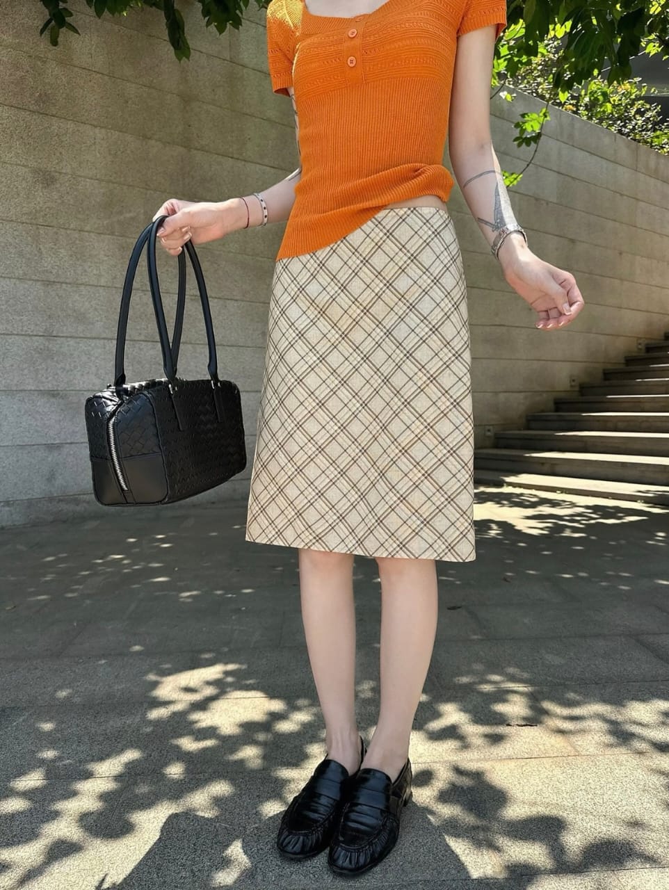 Plaid Midi Skirt - Brown