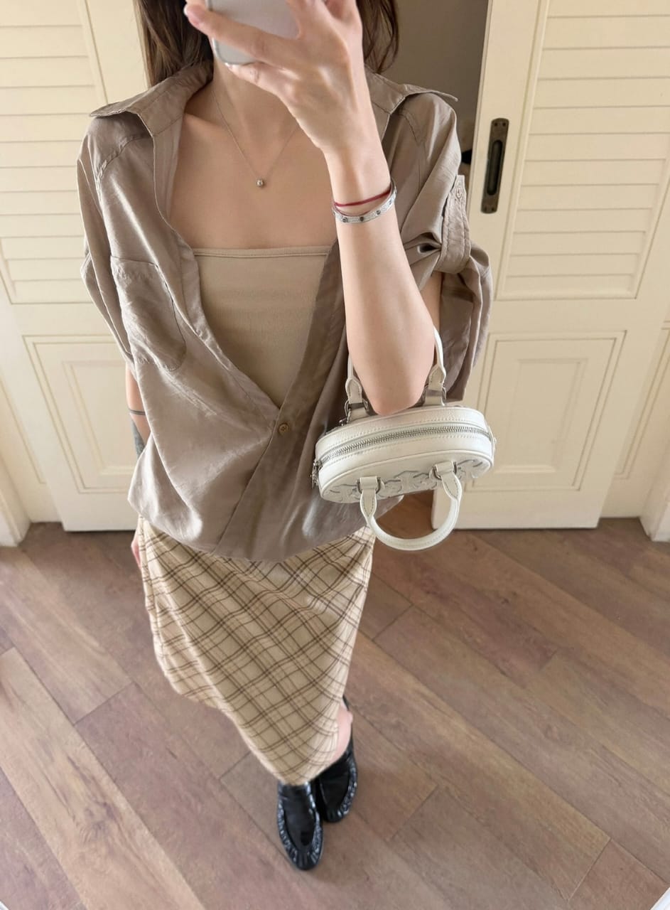 Plaid Midi Skirt - Brown