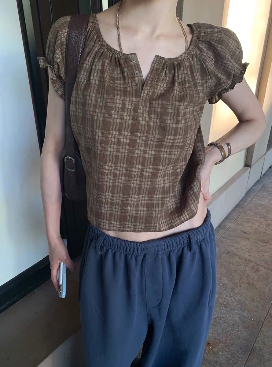 Plaid Gathered Blouse