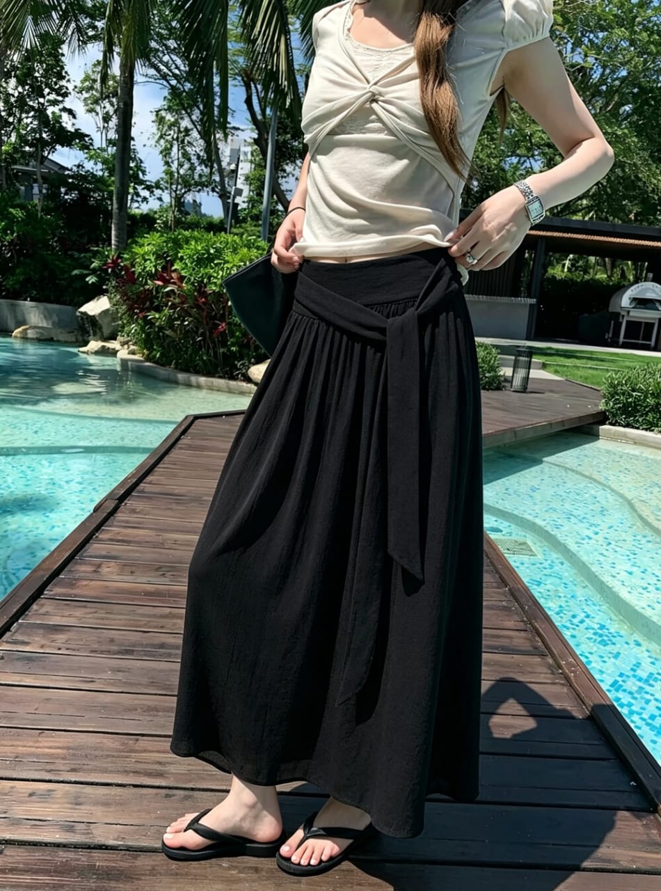 Fluid Tie Waist Midi Skirt
