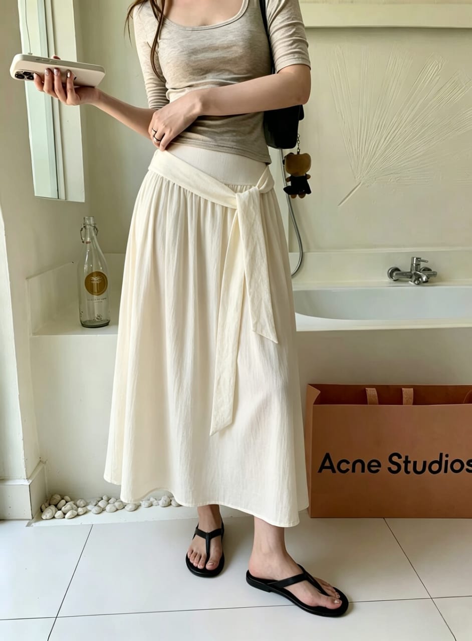 Fluid Tie Waist Midi Skirt