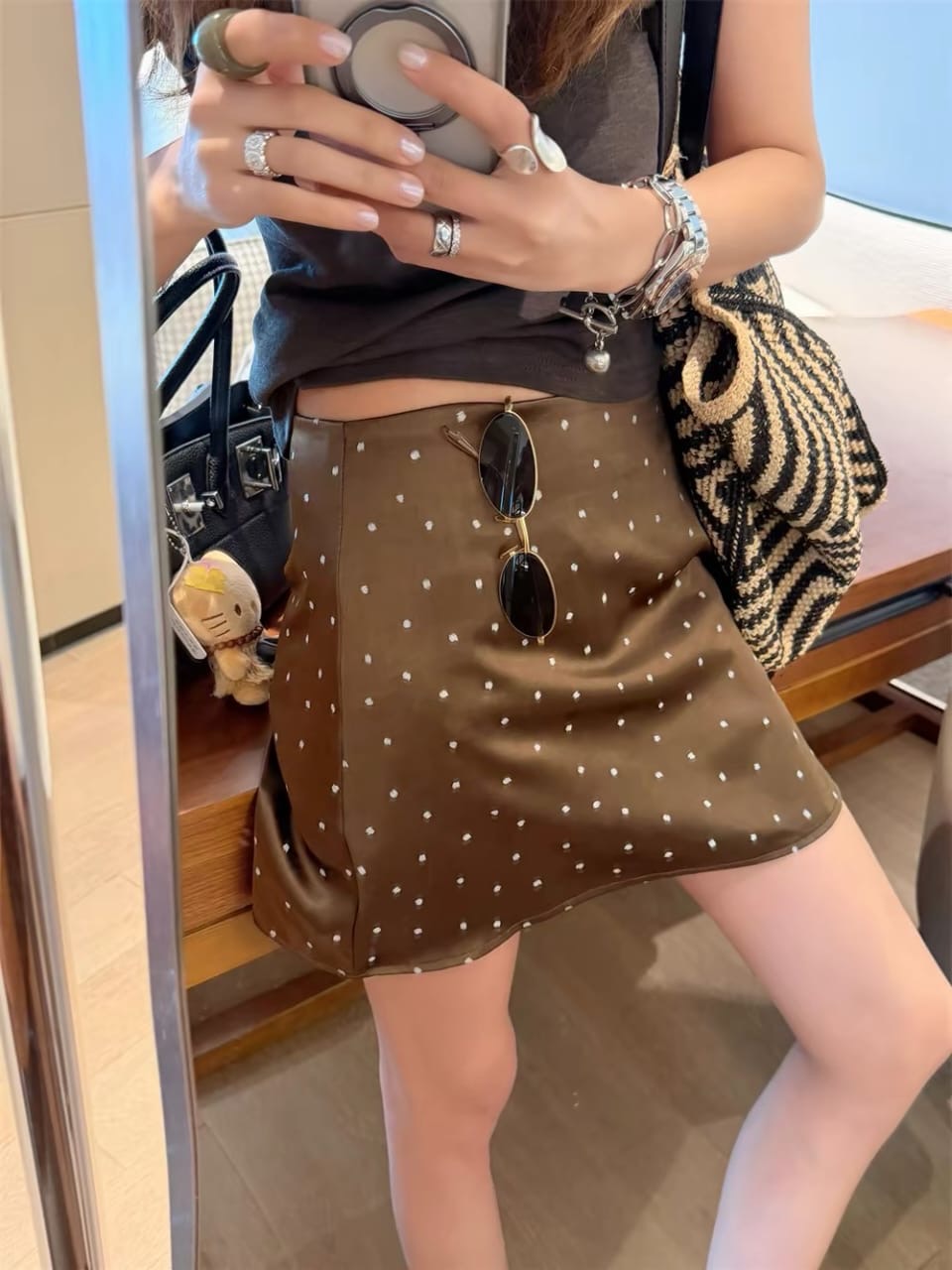 Satin Polka Dot Mini Skirt - Brown