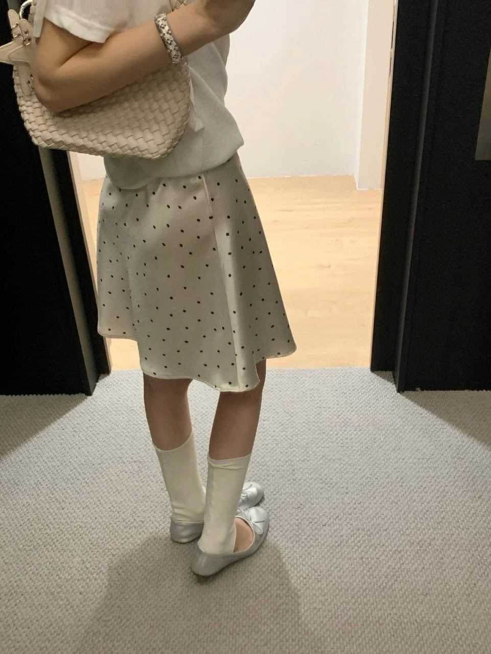 Satin Polka Dot Mini Skirt - White